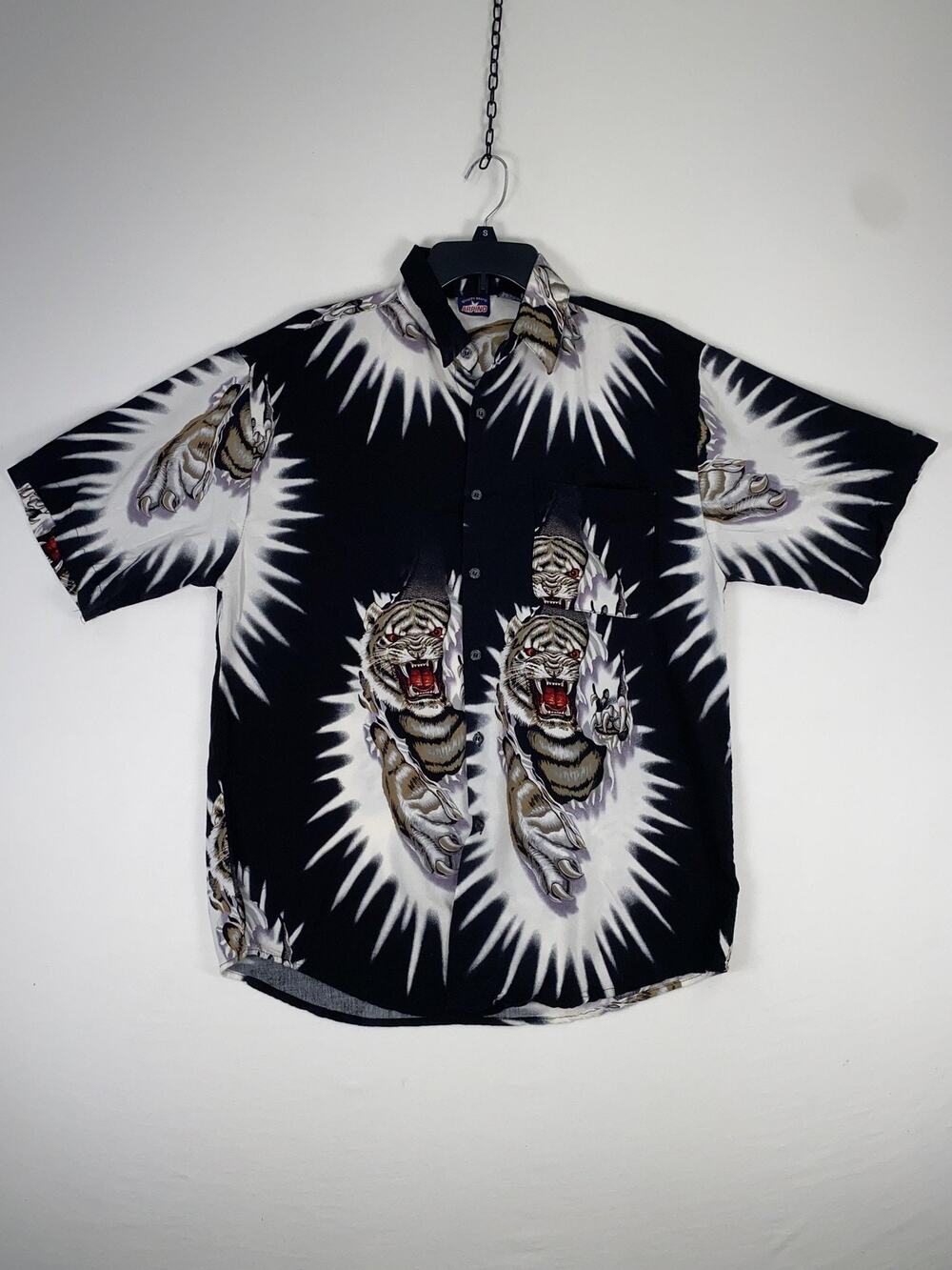Arpino Shirt Mens Medium Black Tiger Graphic Short Sleeve Button Up Casual
